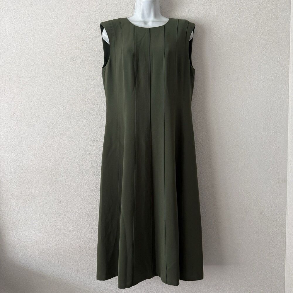 Lafayette 148 New York Olive Green Seamed Sleeveless A-Line Midi Dress Size 8